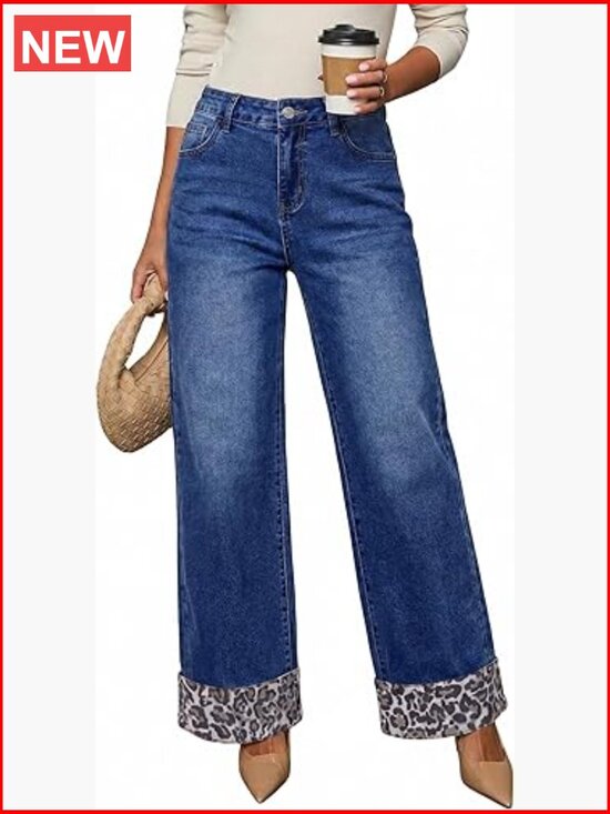 Denim - Wide Leg Leopard Jeans High Waisted Stretch Button Denim Pants with Pockets